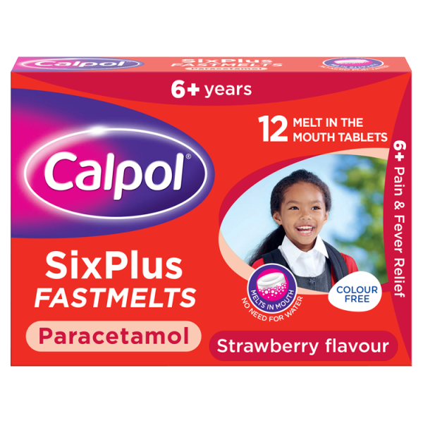 Calpol SixPlus Fastmelts Paracetamol Strawberry Flavour 6+ Years 12 Melt in the Mouth Tablets