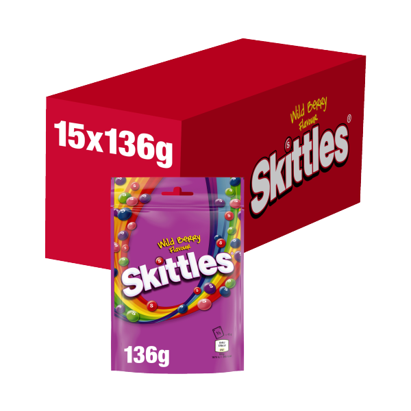 Skittles Vegan Chewy Sweets Wild Berry Fruit Flavoured Pouch Bag 136g