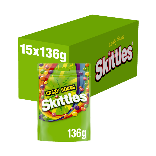 Skittles Vegan Chewy Crazy Sour Sweets Flavoured Pouch Bag 136g