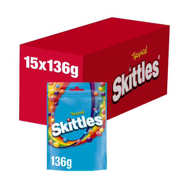 Skittles Vegan Chewy Sweets Tropical Fruit Flavoured Pouch Bag 136g