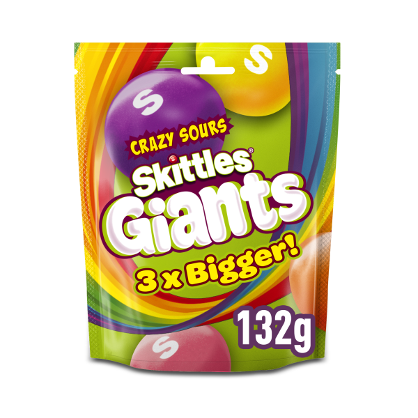 Skittles Giants Vegan Chewy Sour Sweets Fruit Flavoured Pouch Bag 132g