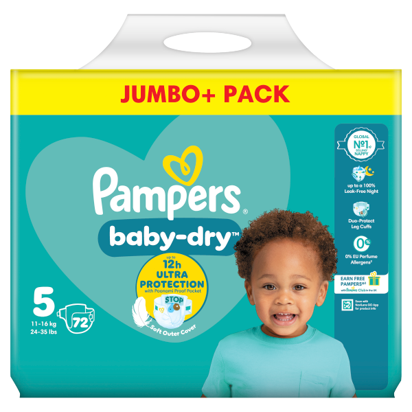 Pampers BabyDry Size 5, 72 Nappies, 11kg16kg, Jumbo+ Pack We Get