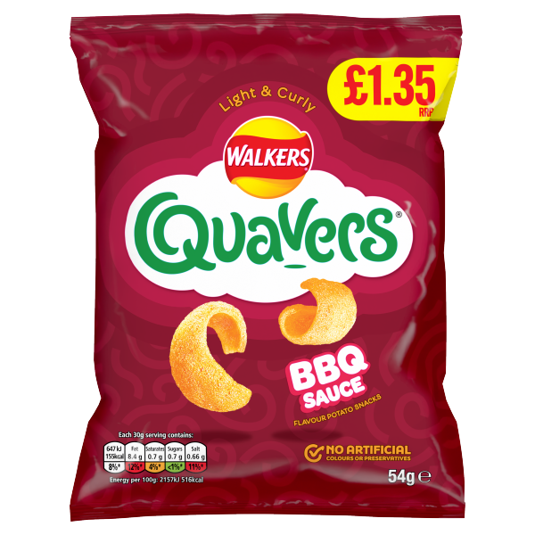 Walkers Quavers BBQ Snacks Crisps PMP £1.35 54g