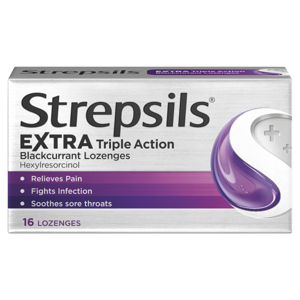 Strepsils Extra Triple Action Blackcurrant Lozenges x 16 for Sore Throat