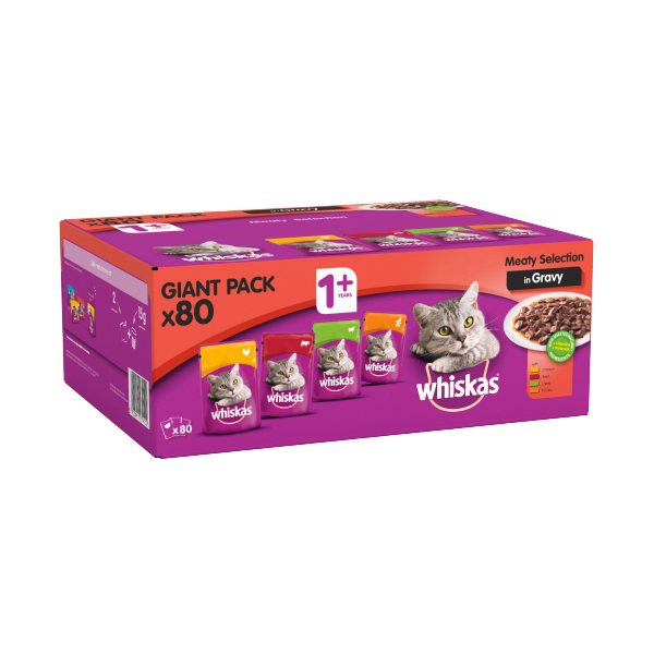 Whiskas 1+ Cat Pouch Meat Selection in Gravy Giant Pack 80x100g We