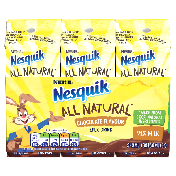 Nesquik All Natural Chocolate Milk Drink Multipack 3x 180ml Carton We