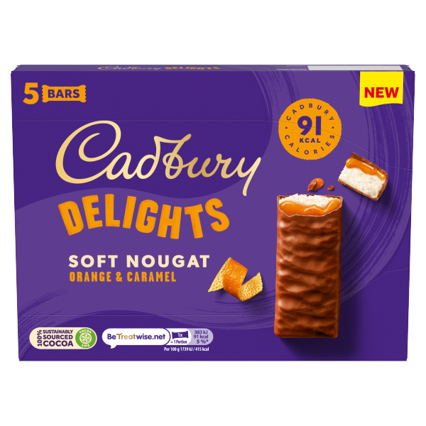 Cadbury Delights Soft Nougat Orange & Caramel Bars 5 x 22g (110g)
