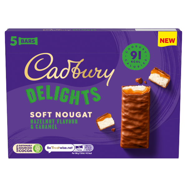 Cadbury Delights Soft Nougat Hazelnut Flavour & Caramel Bars 5 x 22g (110g)