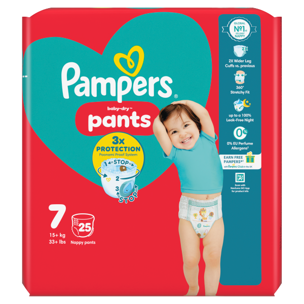 Pampers BabyDry Nappy Pants Size 7, 25 Nappies, 17kg+, Essential Pack