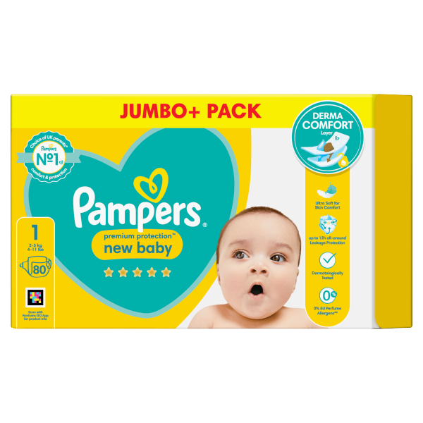 Pampers New Baby Size 1, 80 Nappies, 2kg-5kg, Jumbo+ Pack