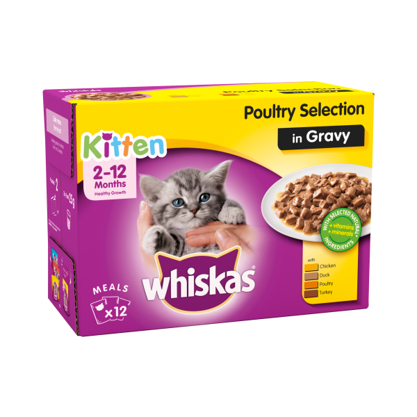 Whiskas Kitten Wet Cat Food Pouches Poultry in Gravy 12 x 100g