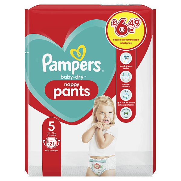 Pampers Baby-Dry Nappy Pants, Size 5 (12-17kg) Essential Pack